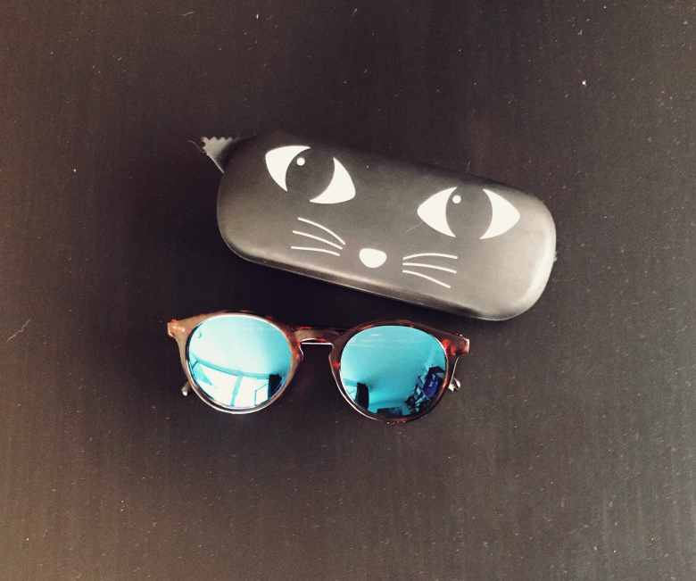 Sunski Sonnenbrille mit blauen Gläsern und einem Katzen-Brillenetui – ein Kauf den ich mir trotz Low in Krisenzeiten gegönnt habe