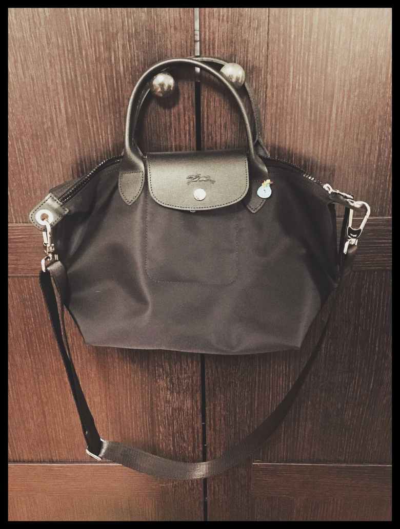 Longchamp Le Plaige neo small hanging on a door